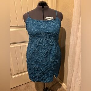 Teal Blue Floral Texture Bodycon Mini Dress